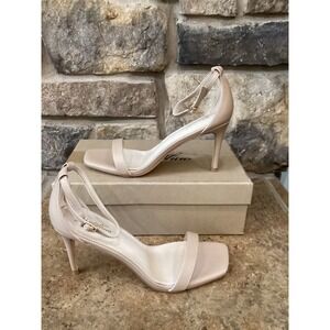 Genshuo Size 7.5 Nude Matte Ankle Strap Stiletto Heels Square Toe Sandals New